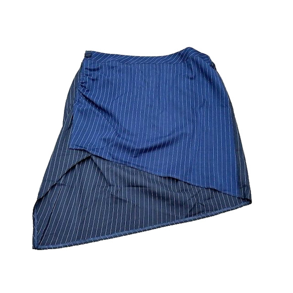 Soncy Mini Skirt Ruched Side Asymmetric Hem Unlined Pinstriped Blue 3 (22/24) - Picture 1 of 8